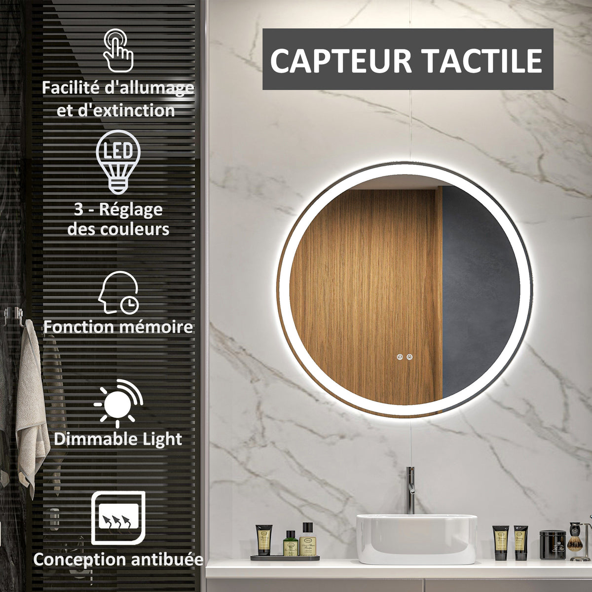 Miroir rond lumineux LED de salle de bain Ø 70 cm mural avec éclairage 3 couleurs interrupteur tactile 23W blanc argent-3
