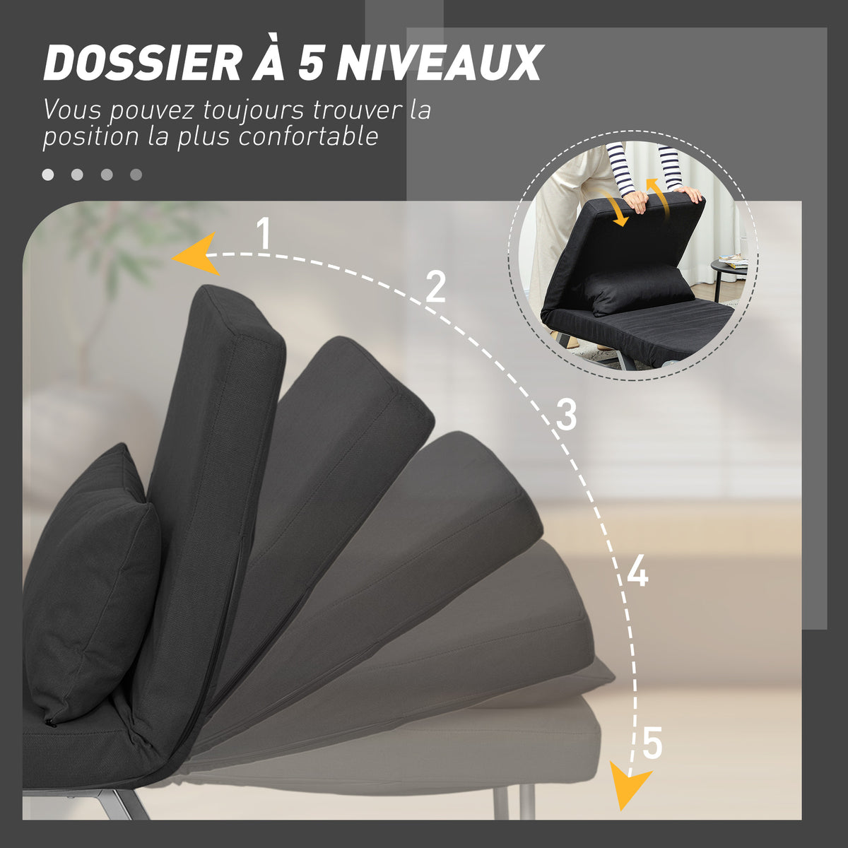 Fauteuil chauffeuse canapé-lit Convertible inclinable 1 Place Coussin lombaires accoudoirs piètement métal Lin Noir-4