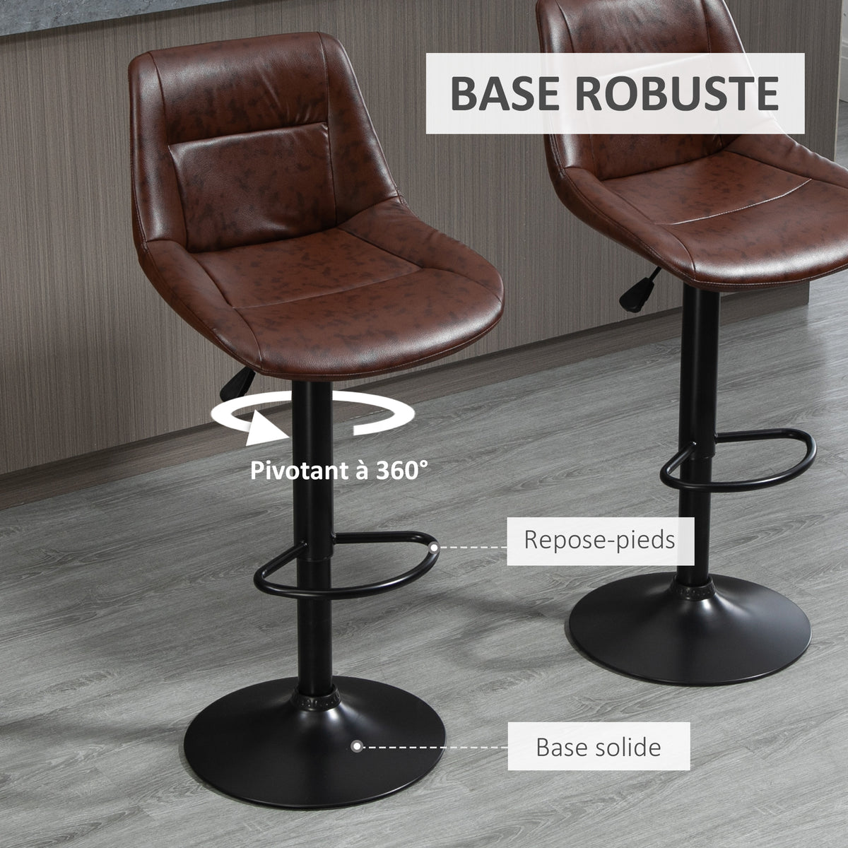 Lot de 2 tabourets de Bar Vintage réglable pivotant avec Repose-Pied revêtement synthétique Marron Effet Vieilli-4