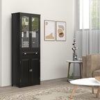Buffet haut armoire de cuisine 4 portes dont 2 portes vitrées et 1 tiroir hauteur 160 cm avec étagères en bois noir-6