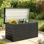 Coffre de rangement métal boîte de jardin 350L double vérins à gaz verrouillable pour coussins outils gris anthracite-1