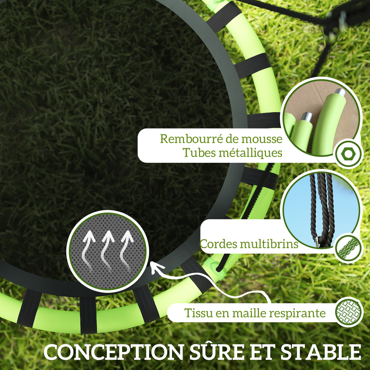 Balançoire nid d'oiseau, balançoire suspendue avec cordes réglables en hauteur, siège rond Ø 100 cm, noir-3