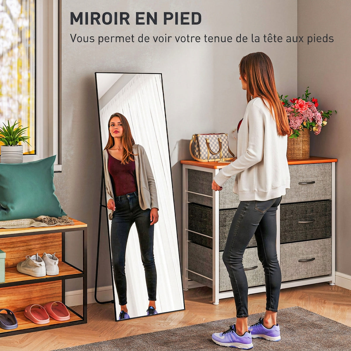 Grand miroir pleine longueur rectangulaire, 50 x 160 cm, miroir sur pied, mural ou pocé contre mur, noir-3