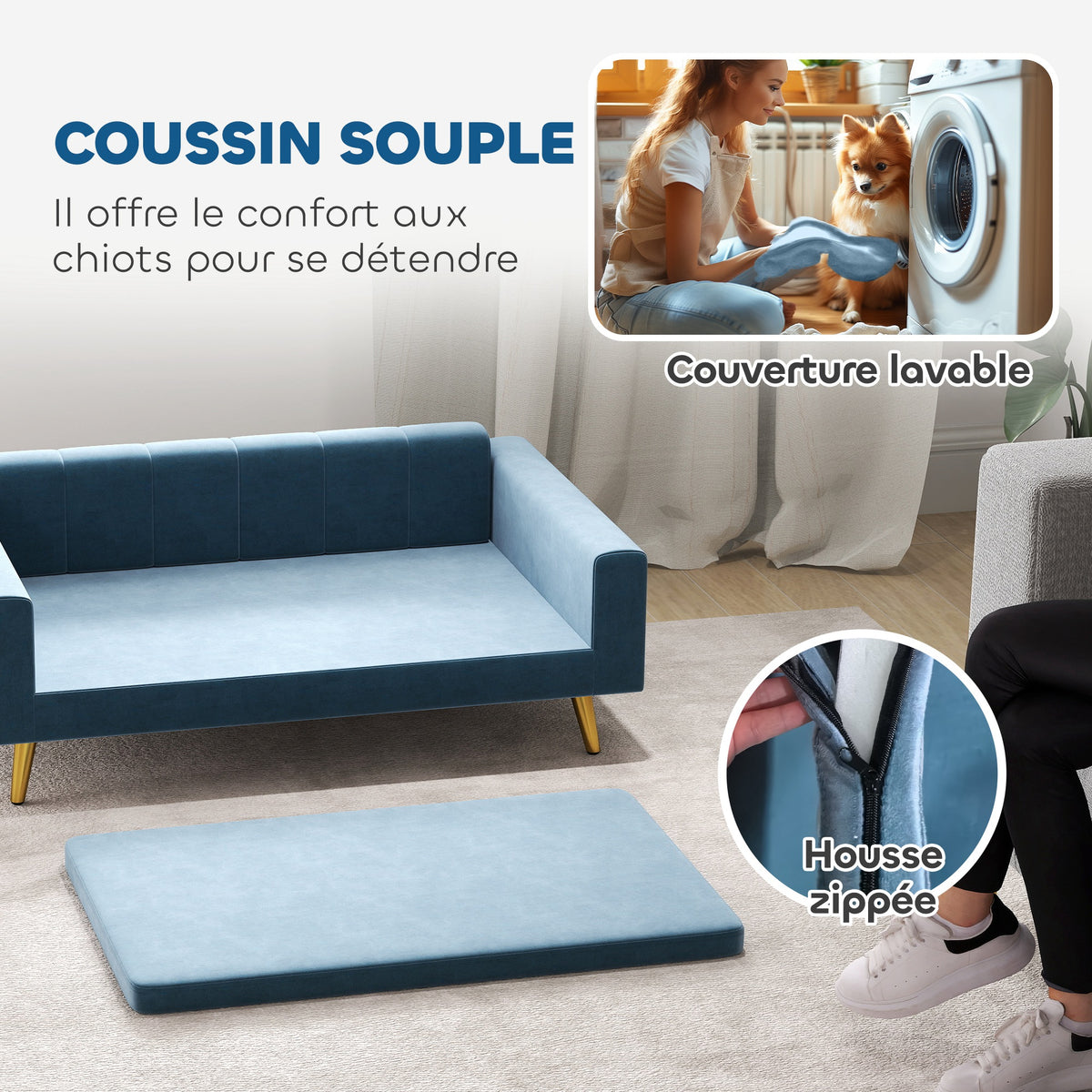 Canapé chien lit pour chien design scandinave coussin moelleux pieds métal doré 94 x 59,5 x 31,5 cm velours soyeux bleu-4