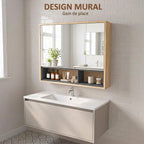 Meuble salle de bain avec miroir, armoire toilettes murale avec placards à 3 portes et 8 compartiments, chêne-5