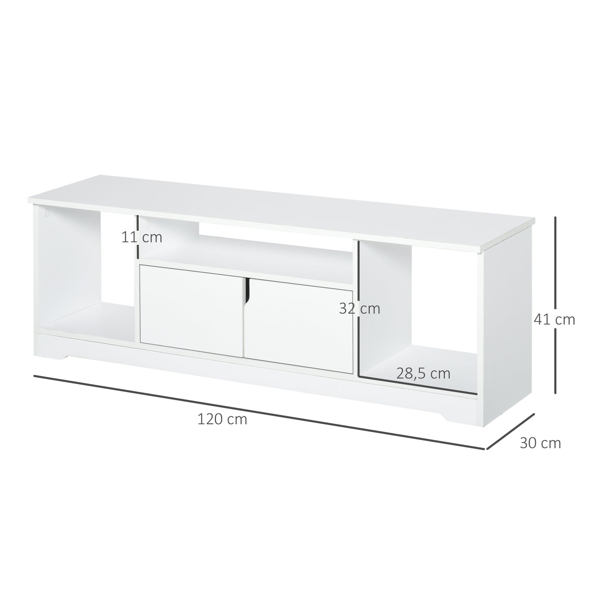 Meuble TV Banc TV Design Contemporain - 3 niches, Placard Double Porte - dim. 120L x 30l x 41H cm - Panneaux Particules Blanc-2