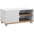 Meuble TV sur roulettes avec 2 Freins - 2 niches + Placard Porte 2 Passe-Fil - en bois Blanc chêne Clair-0