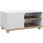 Meuble TV sur roulettes avec 2 Freins - 2 niches + Placard Porte 2 Passe-Fil - en bois Blanc chêne Clair-0