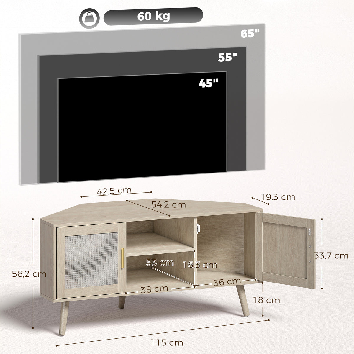 Meuble TV d'Angle 115 cm, Meuble Télé pour Téléviseur jusqu'à 65 Pouces, 2 Portes en Rotin 2 Compartiments, Chêne-2
