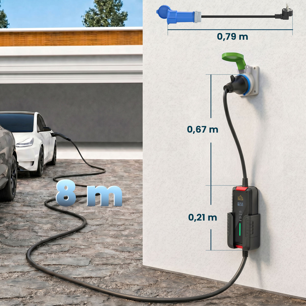 Chargeur Voiture Électrique Type 2, 7,4kW, 6-32A, 8m, Prise CEE, Adaptateur Européen, Écran LCD, IP65, 21x8,5x5cm, Noir-2