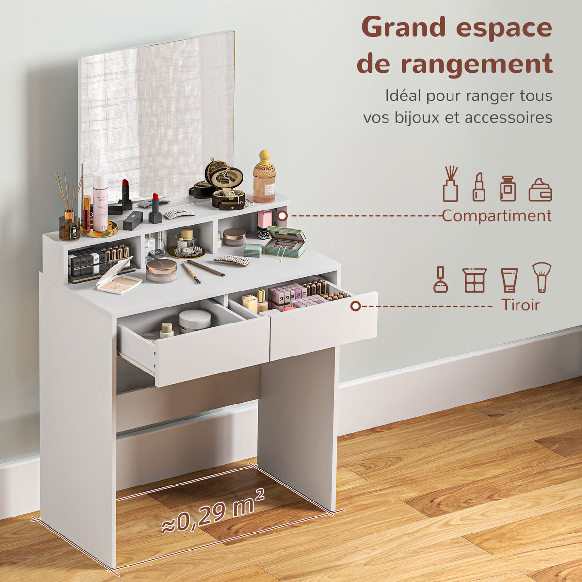 Coiffeuse avec miroir, table de maquillage avec 2 tiroirs et 3 compartiments, style moderne, 75 x 38 x 135 cm, blanc-3