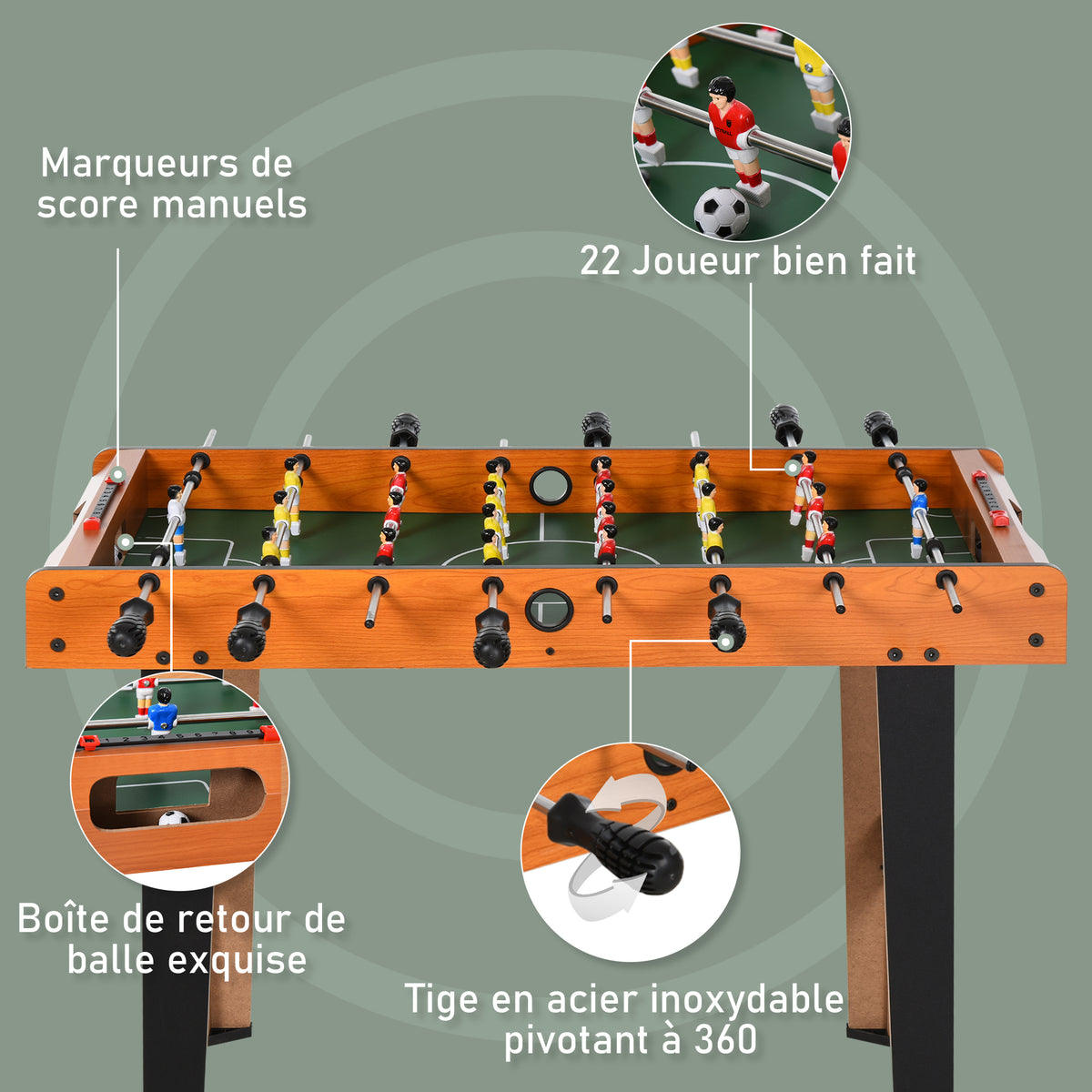 Mini babyfoot, table de baby-foot, en MDF, 22 joueurs, 2 balles, 2 panneaux de scores, 84,5L x 40l x 61,2H cm-3