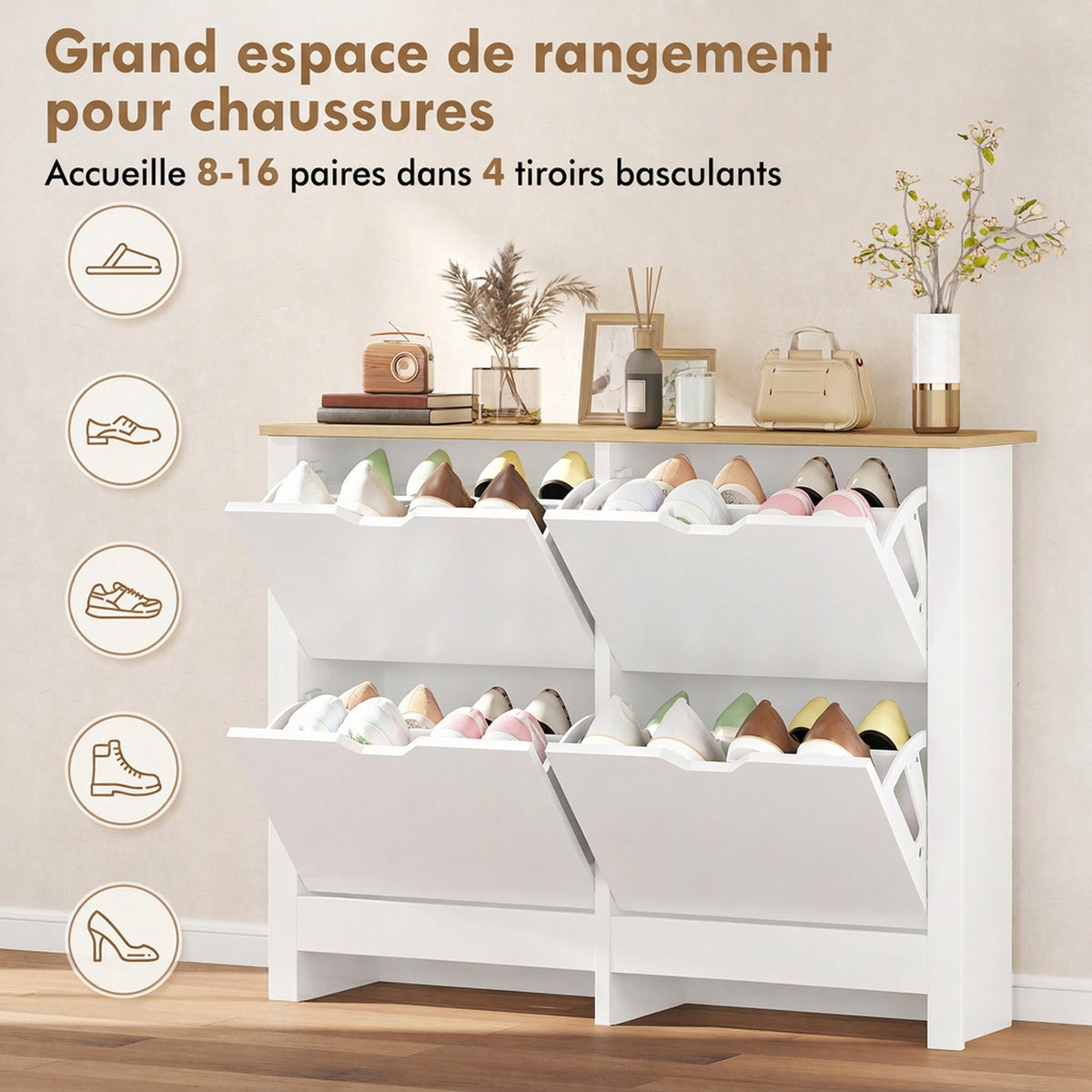 Meuble à chaussures 16 paires, armoire à chaussures étroite avec 4 tiroirs rabattables et étagères réglables-4