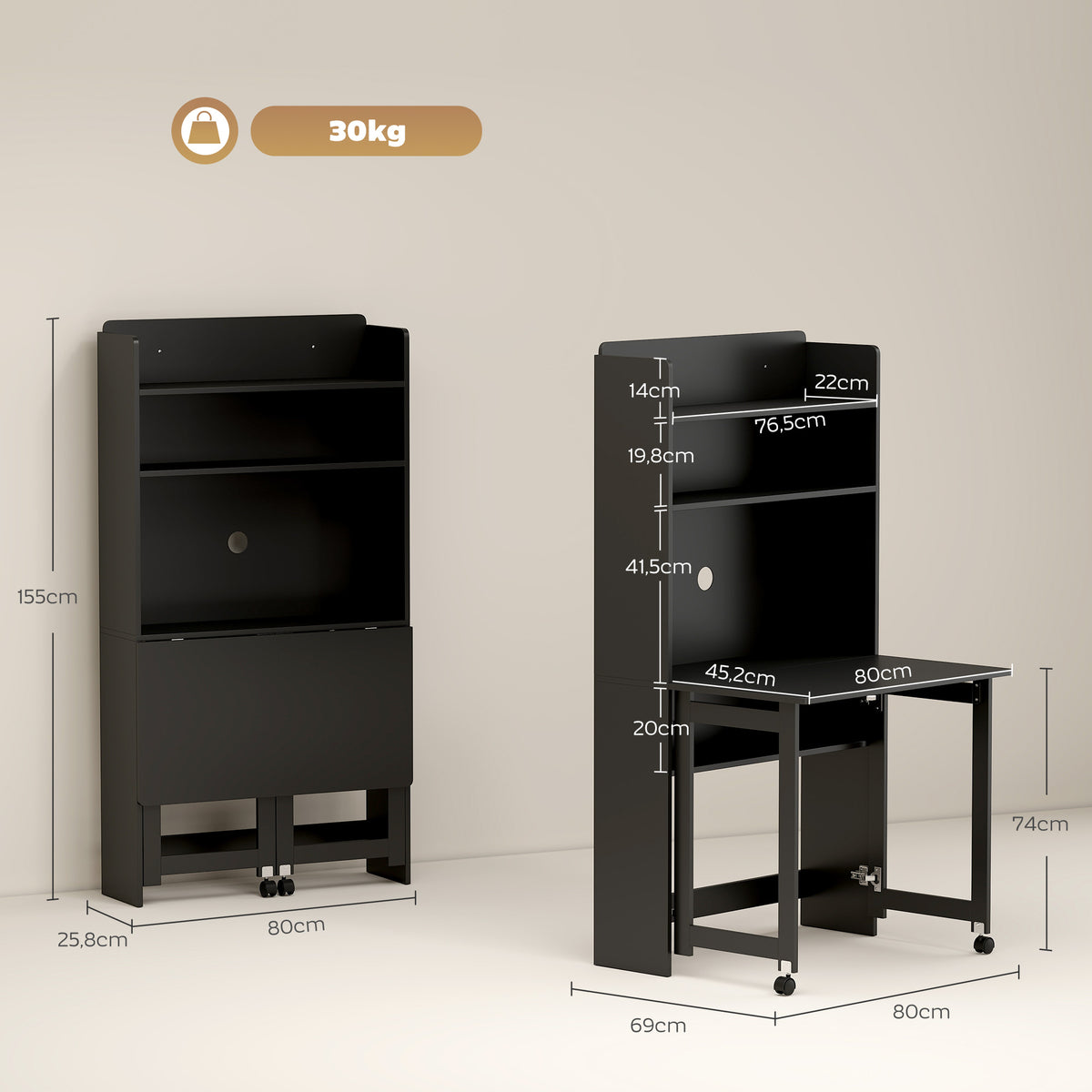 Bureau Informatique avec Étagères de Rangement, Plateau Rabattable, 2 Roulettes, pour Chambre, Salon, 80x69x155cm, Noir-2