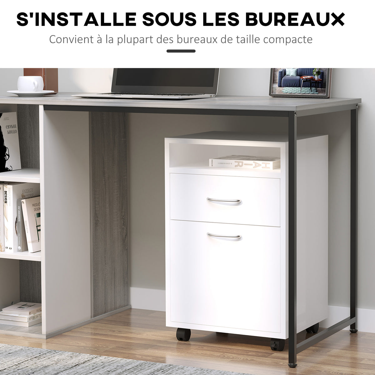 Lot de 2 caissons de bureau rangement de bureau sur roulettes tiroir placard niche panneaux particules blanc-4