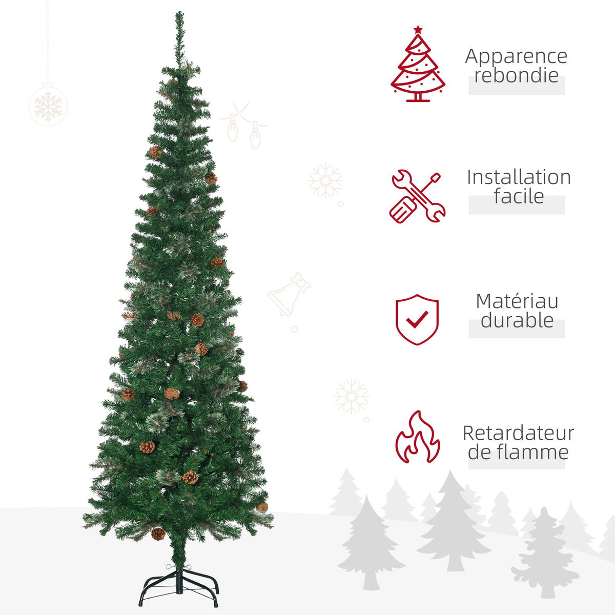 Sapin arbre de Noël artificiel 195 cm 556 branches avec 27 pommes de pin+ support pied pliable vert-3