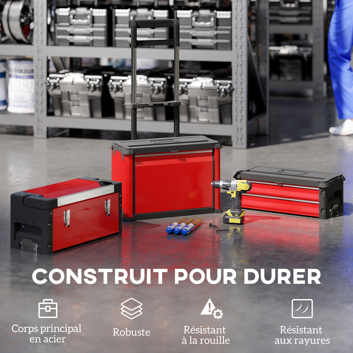 Lot de 3 boîtes à outils sur roulettes empilables et modulaires en acier avec plateau, poignées et serrure, rouge-6