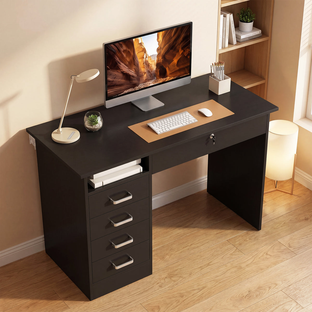 Bureau moderne avec 5 tiroirs, grand plateau, 1 compartiment ouvert, tiroir verrouillable, 110 x 50 x 76cm, noir-8