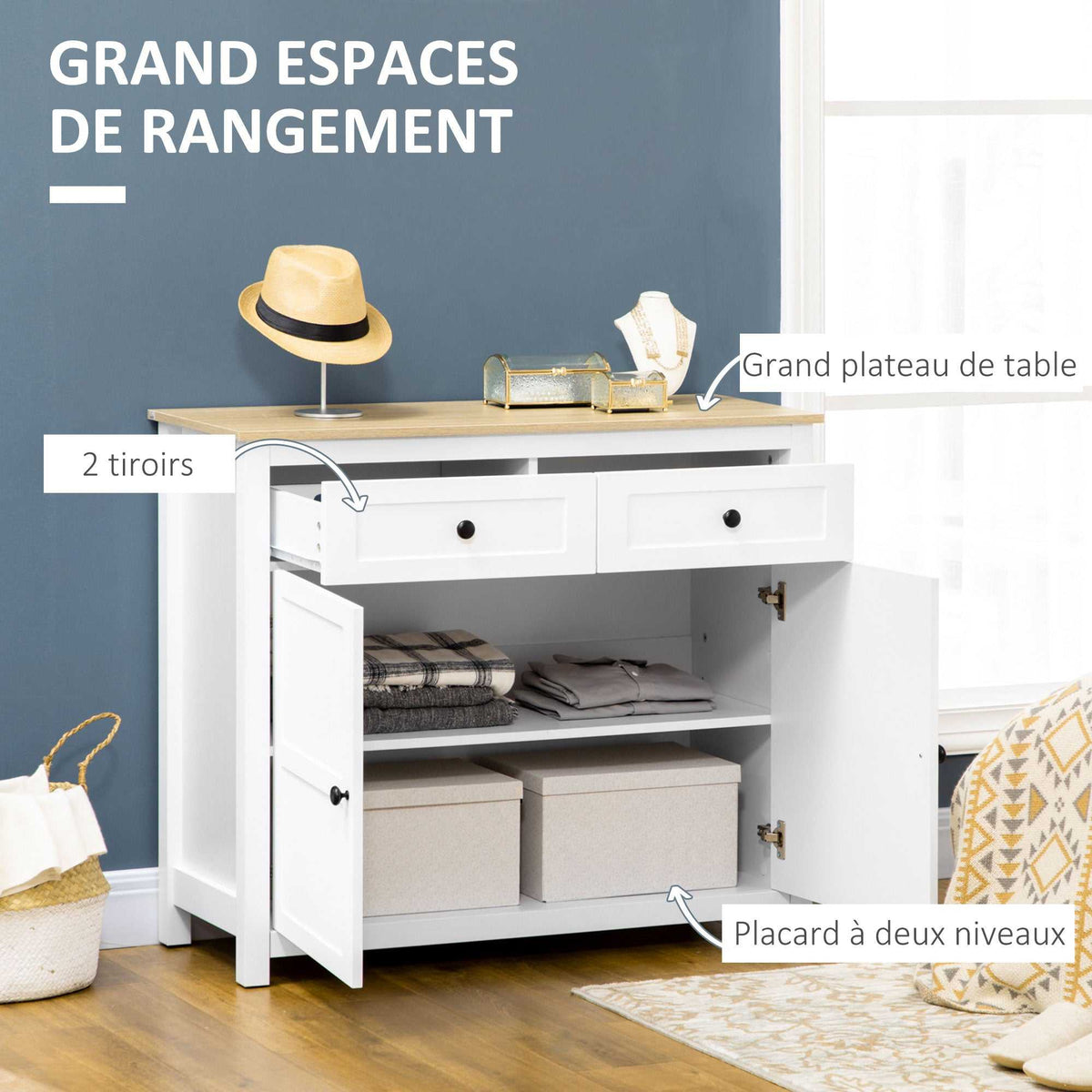 Commode meuble de rangement 2 portes avec étagère réglable en hauteur 2 tiroirs 100 x 40 x 85 cm blanc et aspect bois-3