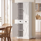 Buffet Haut Cuisine, Armoire de Cuisine avec 4 Portes, Tiroir et Étagères Réglables, Style Rustique, 62x38x173cm, Blanc-1