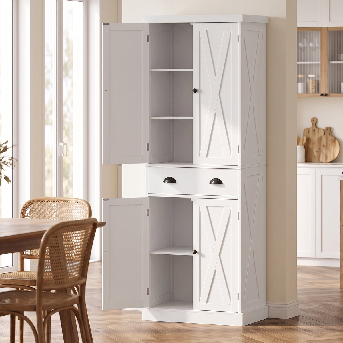 Buffet Haut Cuisine, Armoire de Cuisine avec 4 Portes, Tiroir et Étagères Réglables, Style Rustique, 62x38x173cm, Blanc-1