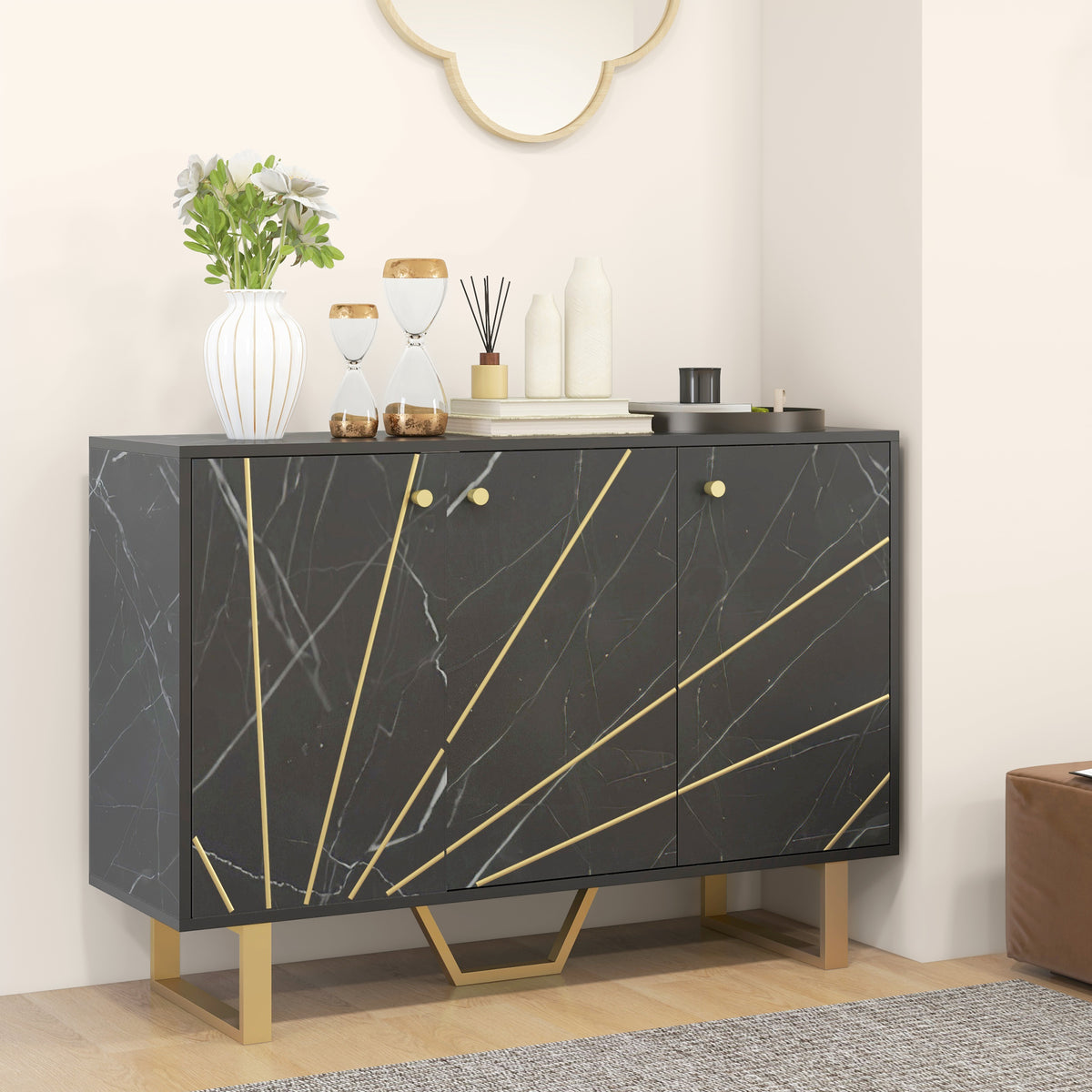 Meuble de rangement buffet salon avec 2 placards 3 portes et étagère réglable, pieds en métal, aspect marbre noir-7