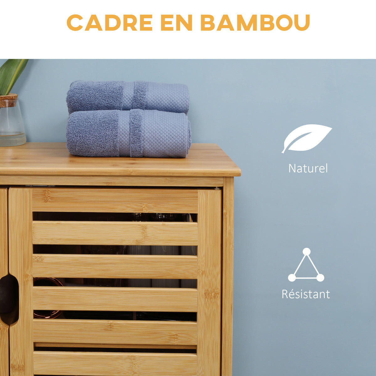 Meuble salle de bain en bambou armoire salle de bain sur pied avec double porte à lattes, 68 x 32 x 86 cm, naturel-4
