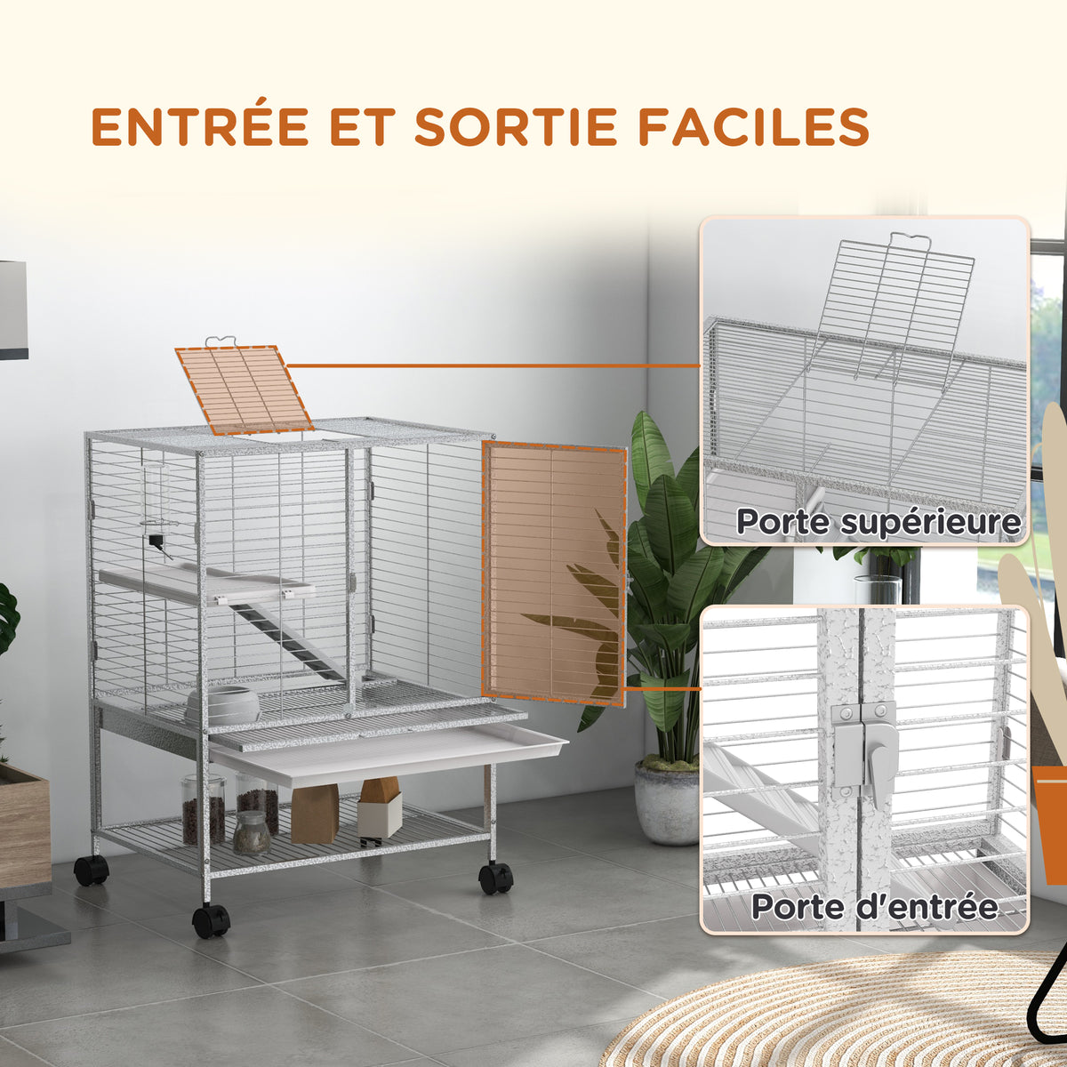 Cage pour petits animaux sur roulettes 2 niveaux avec 2 portes, 1 rampe, 1 étagère de rangement 61,5 x 44,5 x 86 cm gris-6