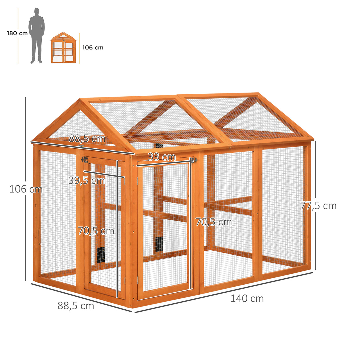 Enclos poulailler en bois cage à poules parc grillagé 140 x 88,5 x 106 cm orange-2