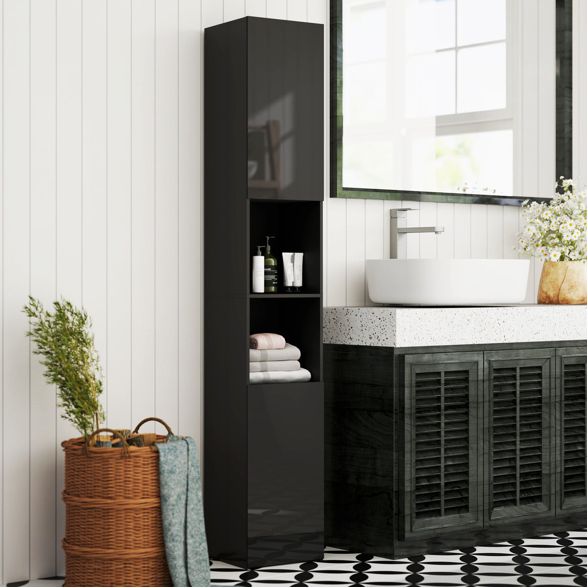 Meuble colonne de salle de bain 2 placards avec étagères réglables + 2 niches 30 x 30 x 181,5 cm noir-7