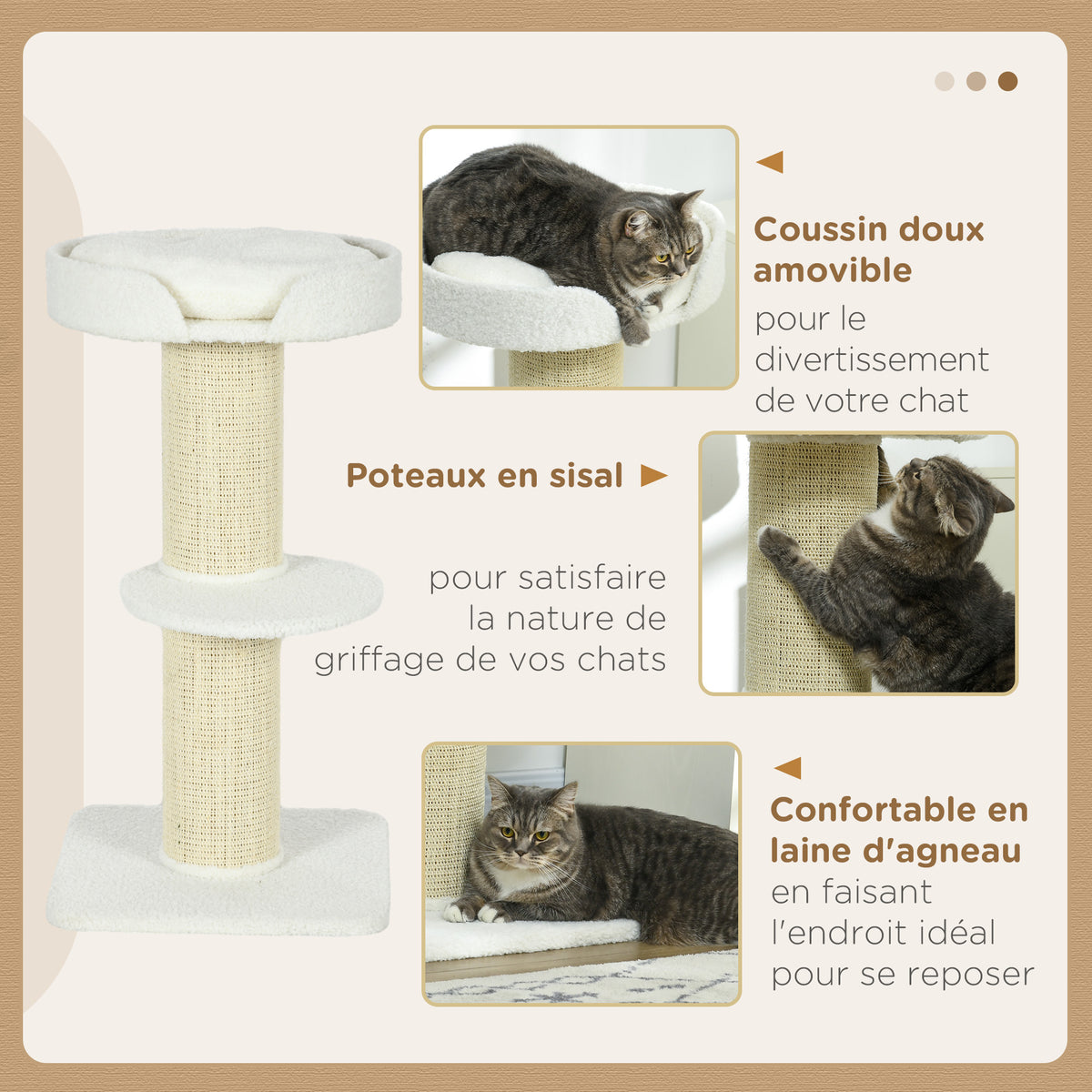 Arbre à chat avec griffoir centre d'activités 2 plateformes coussin crème-4