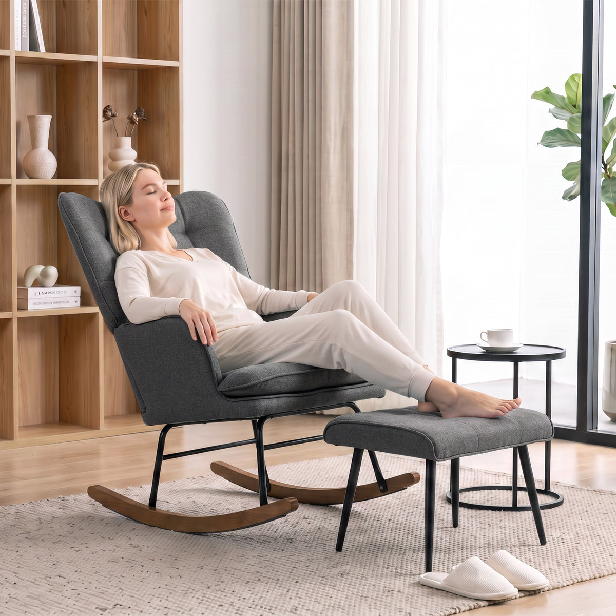 Fauteuil à bascule avec repose-pieds, rocking chair, assise large, dossier haut, coussin inclus, 64 x 89 x 90 cm, gris-7