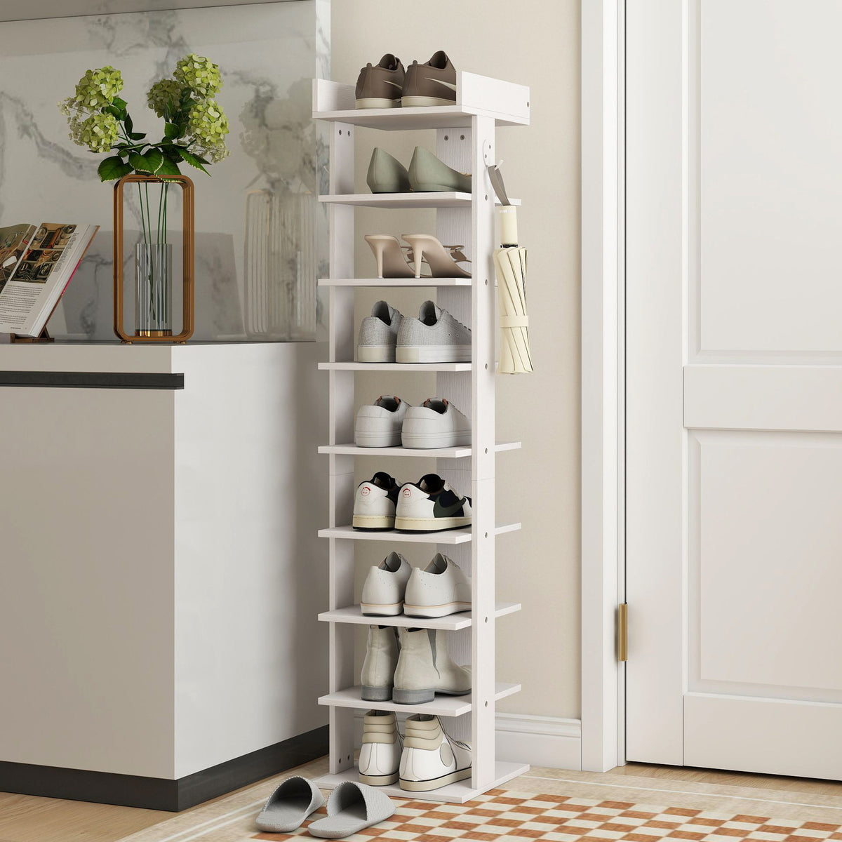 Étagère chaussure à 9 niveaux, range-chaussure jusqu'à 9 paires avec plateau supérieur, 2 crochets, 30x30x128,4cm, blanc-1
