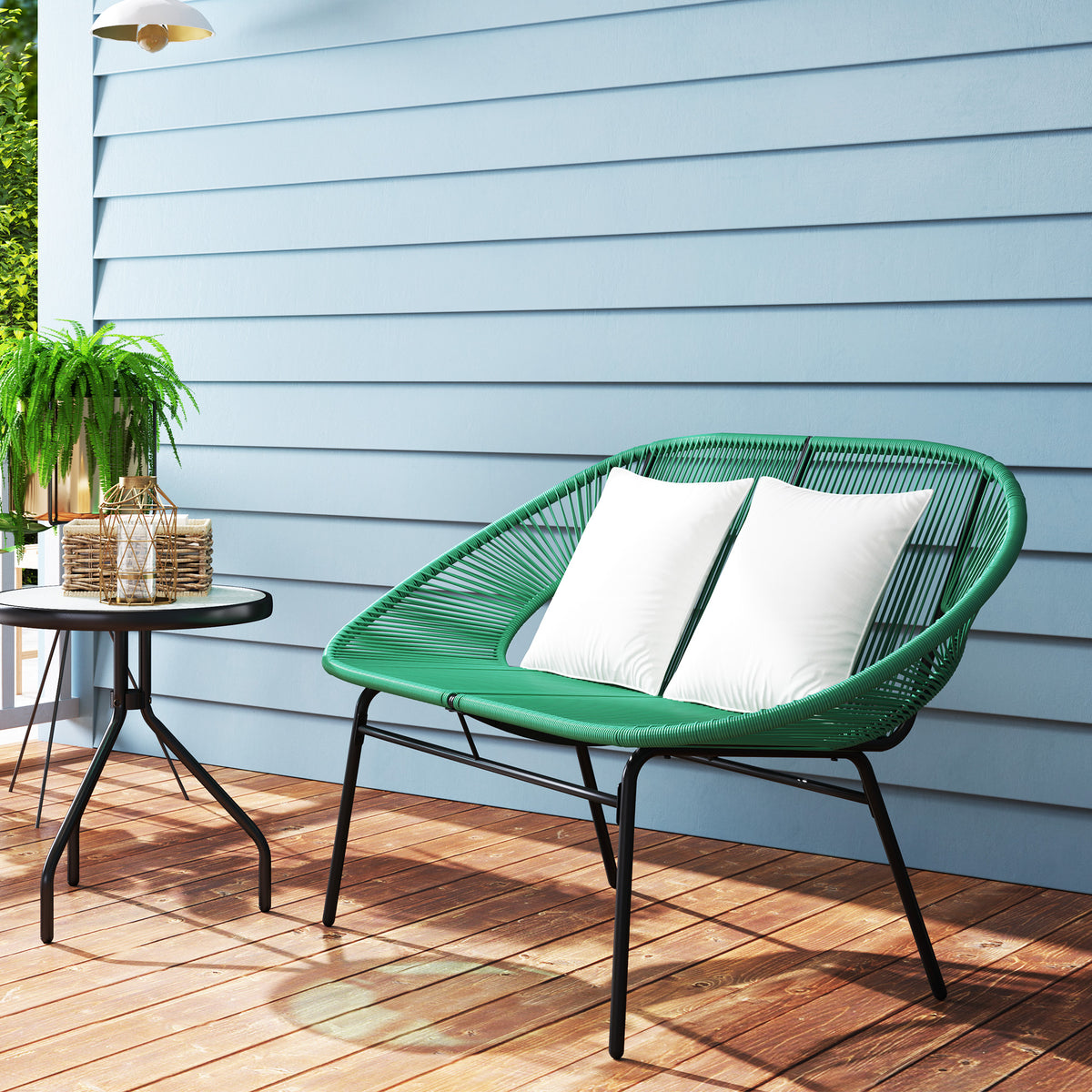 Banquette banc de jardin 2 places en acier et cordage en résine avec 2 coussins - dim. 132L x 72l x 83H cm - vert foncé-8