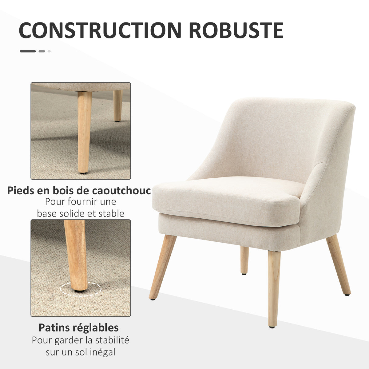 Fauteuil Scandinave Confortable pour Salon et Chambre, Pieds en Bois Massif, Revêtement en Tissu Lin, Beige-4