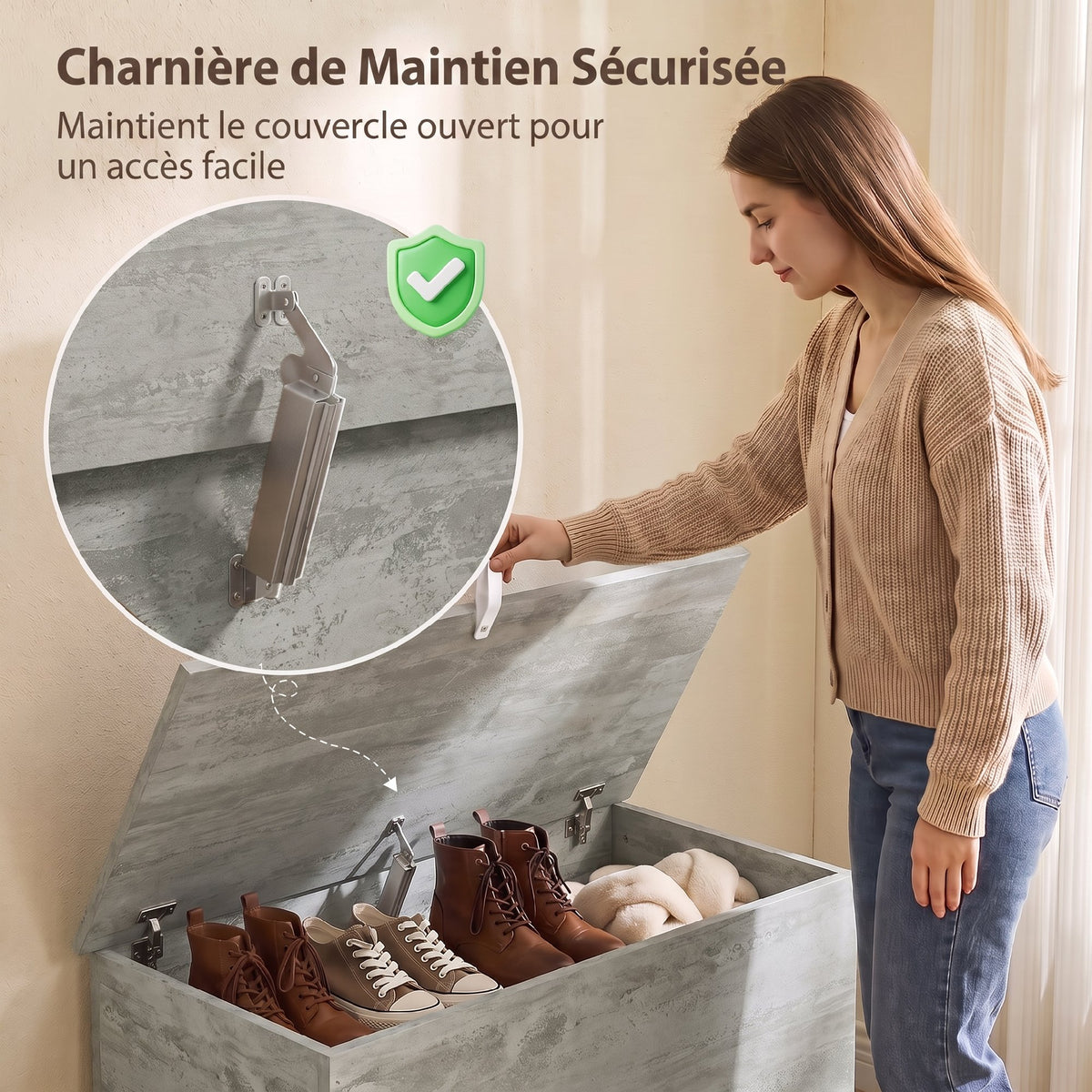 Coffre de Rangement, Banc de Rangement avec Couvercle Rabattable et Charnières de Sécurité, 80 x 40 x 45 cm, Gris-4