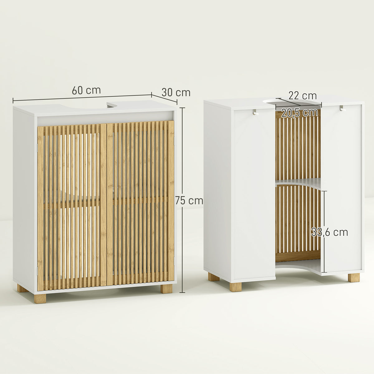 Meuble sous lavabo salle de bain - placard à portes à lattes en bambou, 60 x 30 x 75 cm, effet bois naturel-2