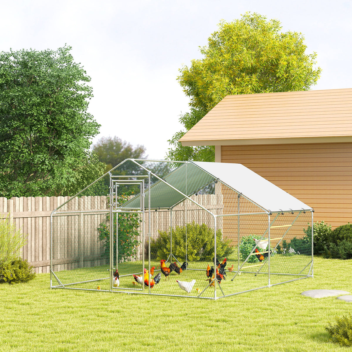 Enclos poulailler extérieur parc grillagé 12 m² avec perchoir et mangeoire acier galvanisé Ø25mm 300x400x195cm argent-9