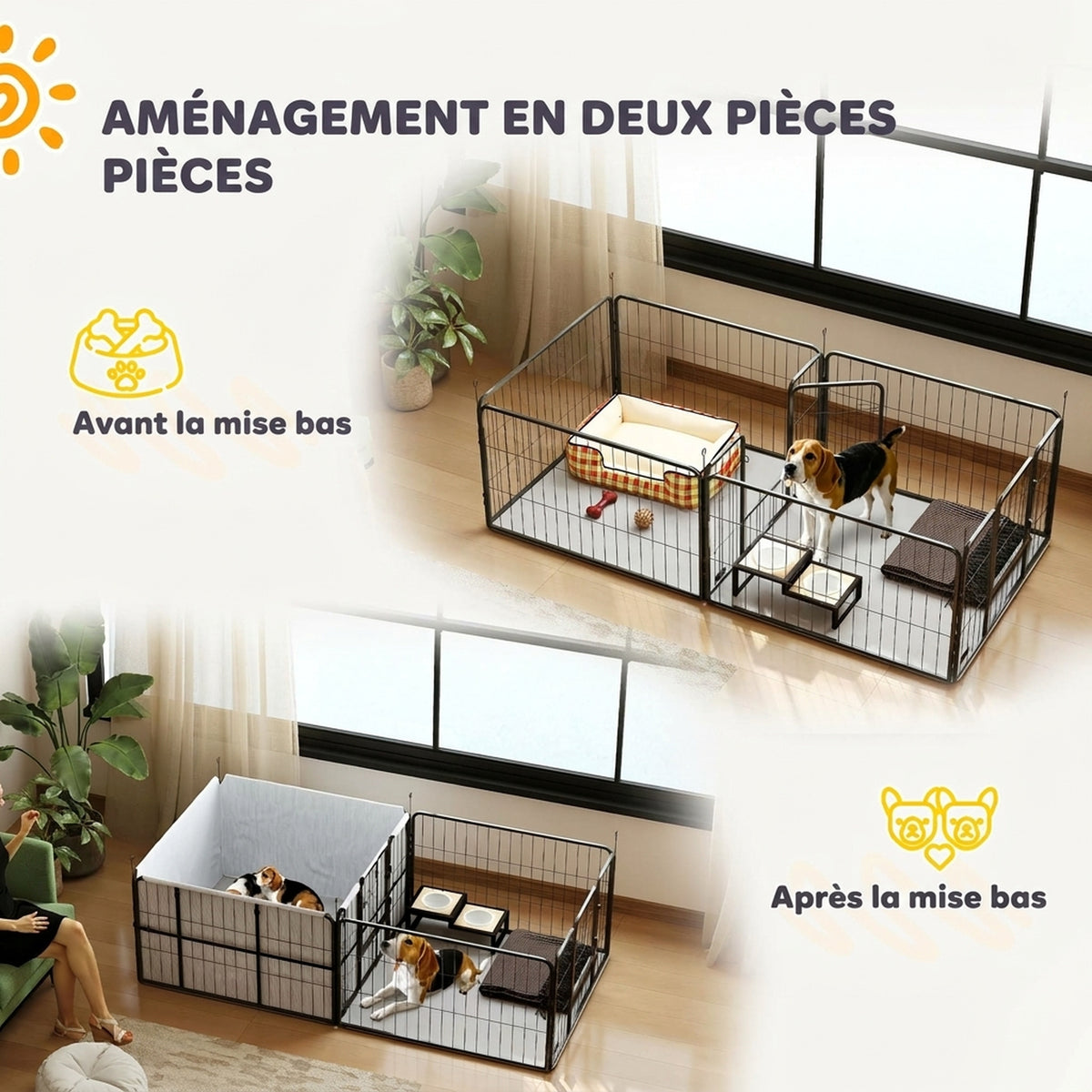 Parc de Mise Bas pour Chien 2 Compartiments Séparés avec Toile Oxford Coupe-Vent 7 Panneaux 203x102x60cm Noir-5