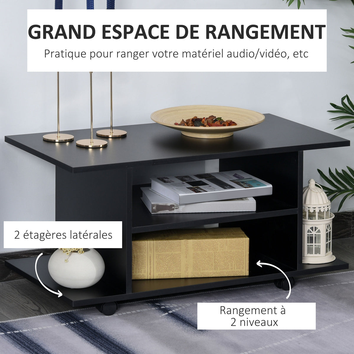 Meuble TV avec Roulettes 80 cm, Meuble Télé pour Téléviseur jusqu'à 42 Pouces avec Étagères Ouvertes, Style Moderne, Banc TV pour Salon, Chambre, Noir-3
