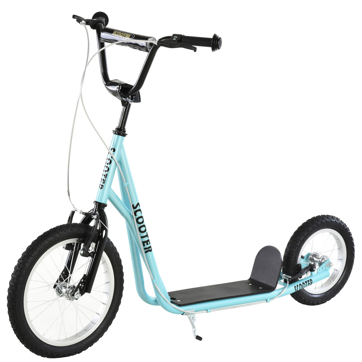 Trottinette patinette Grandes Roues pneumatiques Ø 40 et 30 cm Hauteur Guidon réglable Frein AV/AR béquille Acier Bleu Ciel Noir-0