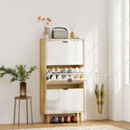 Meuble à chaussures, armoire à chaussures étroite, 3 tiroirs rabattables, porte haute brillante, 60x24x127cm, blanc-1