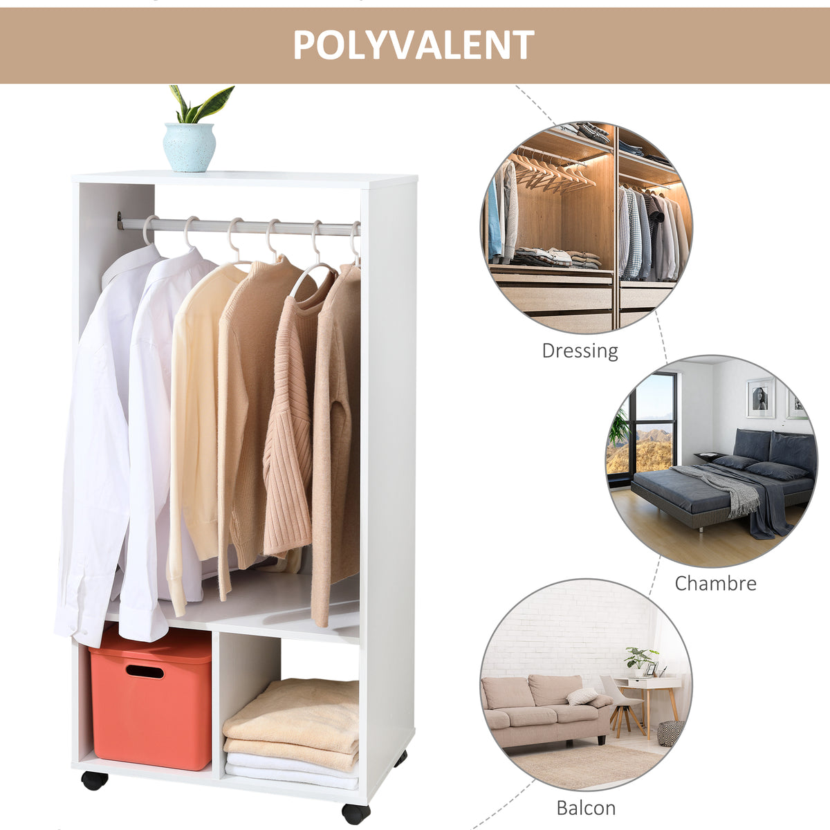 Lot de 2 portants à vêtements penderie mobile avec roulettes 2 niches + Grand Espace penderie en bois Blanc-5