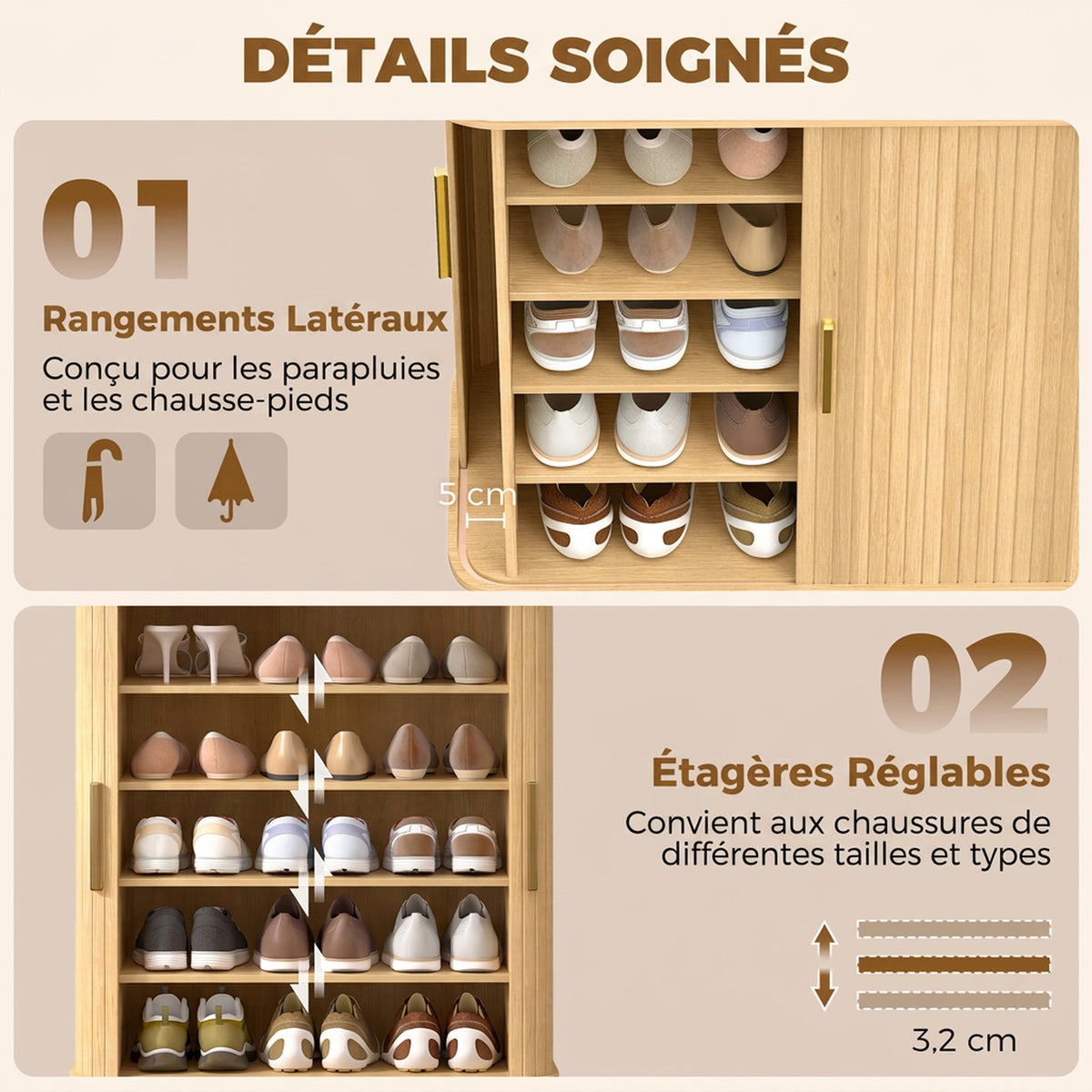 Meuble à Chaussures 5 Niveaux 15 Paires avec Portes Coulissantes, Étagères Réglables, 78x38x95,2cm, Chêne-4
