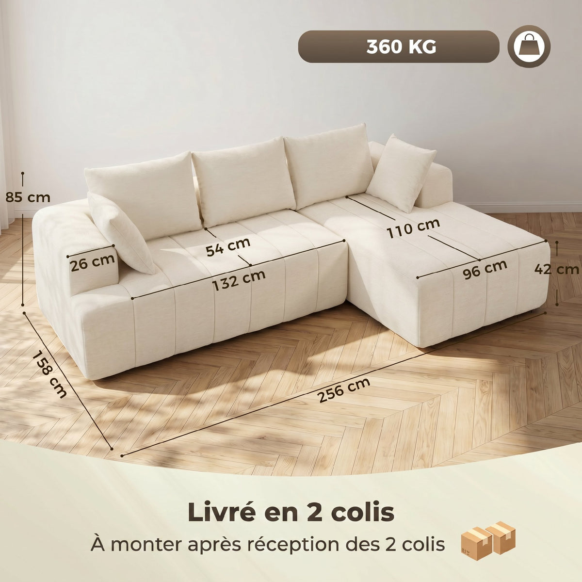 Canapé d'angle 256 cm avec méridienne, canapé-lit 3 places en chenille forme de L, assise et accoudoirs larges, beige-2