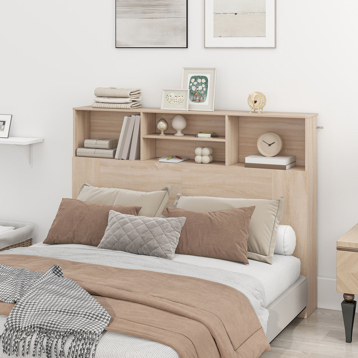 Tête de lit sur pied avec rangements, accessoire de lit 4 compartiments ouverts, 140 x 19 x 103,5 cm, effet bois naturel-1
