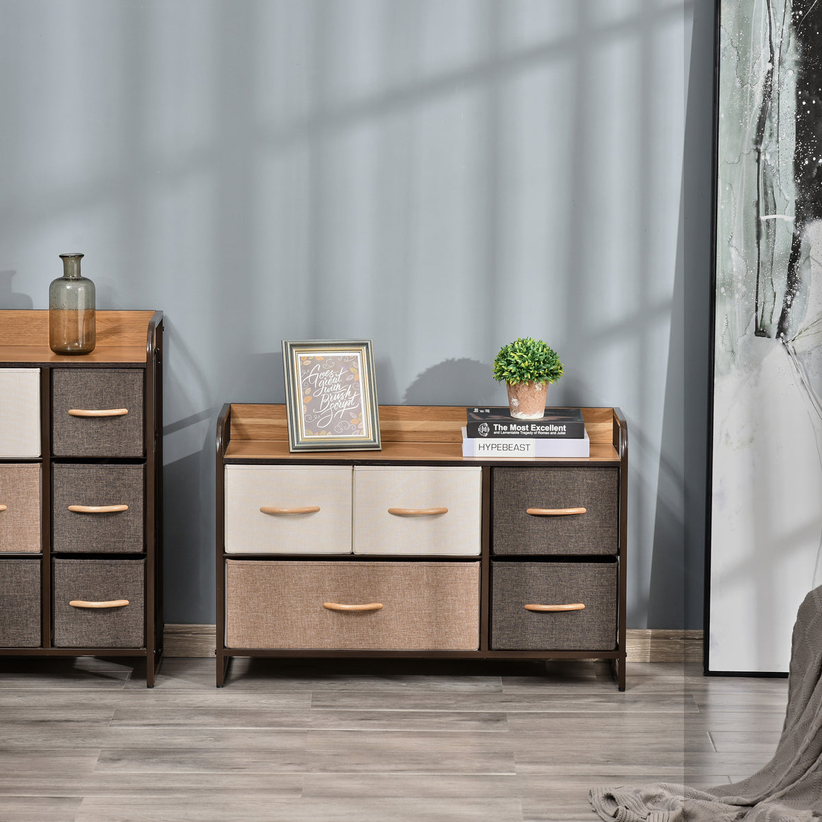Commode Meuble de Rangement 5 tiroirs en Tissu 87,5 x 29 x 58 cm Marron et Beige-3