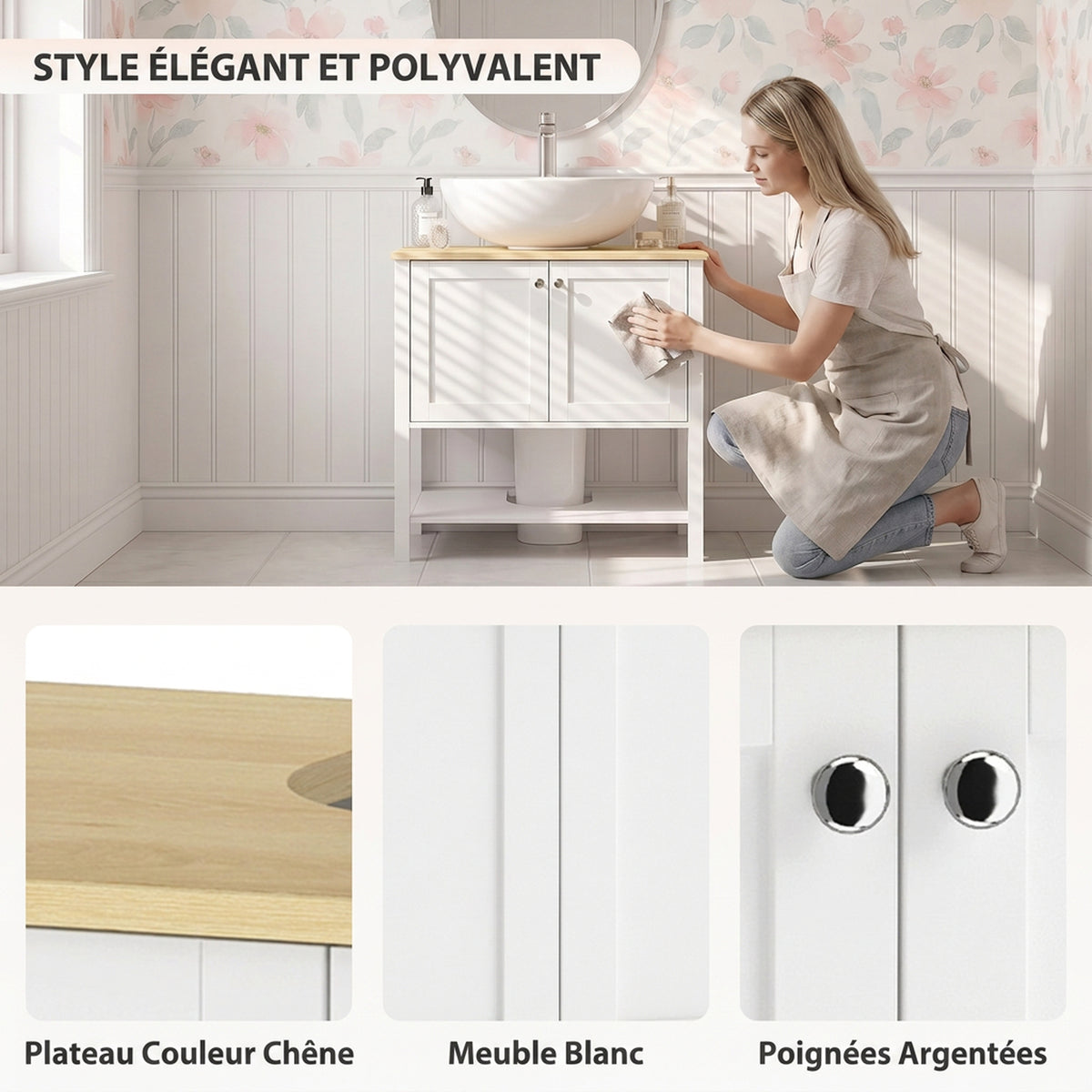 Meuble sous lavabo, meuble de salle de bain moderne avec 2 portes, étagère ouverte, découpe en U, 80 x 40 x 80 cm, blanc-5
