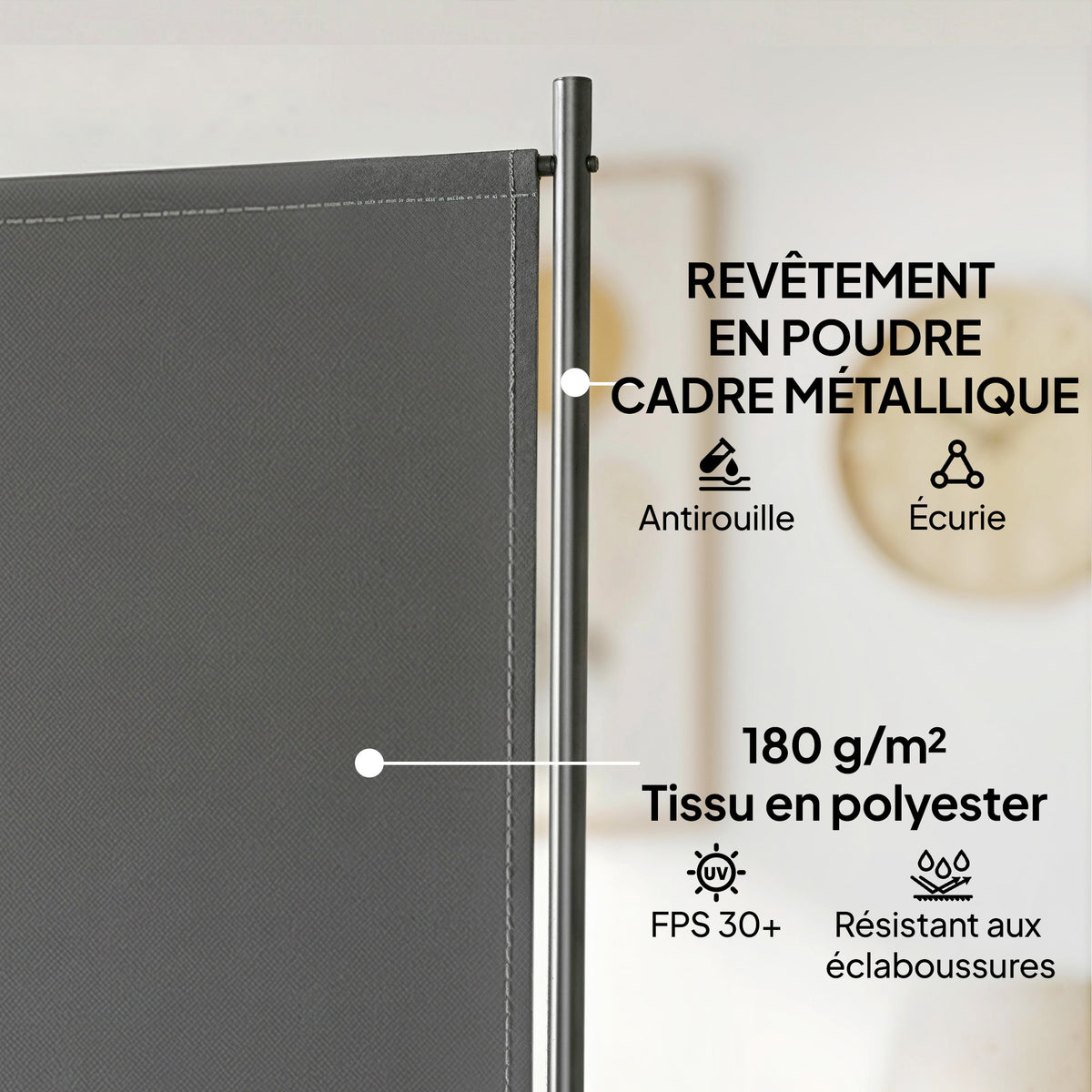 Paravent de Jardin Brise-Vue Extérieur 3 Volets Occultant Pieds en Métal Stable 260x180cm Gris Foncé-6