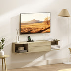 Meuble TV suspendu meuble télé pour téléviseur 50 pouces tiroir étagères passe-câbles 120x24x22,4cm effet bois naturel-8